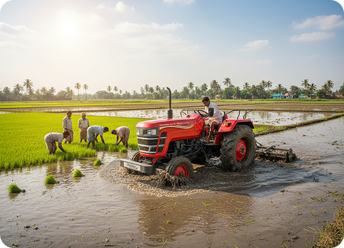 Tractor working in a rice field