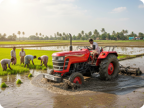 Tractor working in a rice field