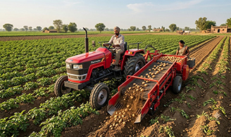 Potato harvesting machine in a field